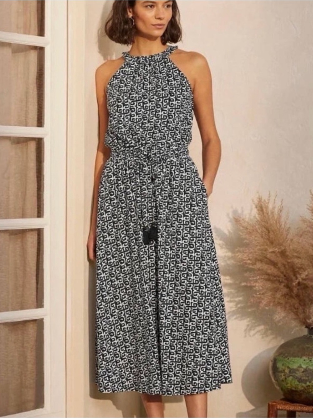 BODEN Halter Neck Jersey Midi Dress Black White 12